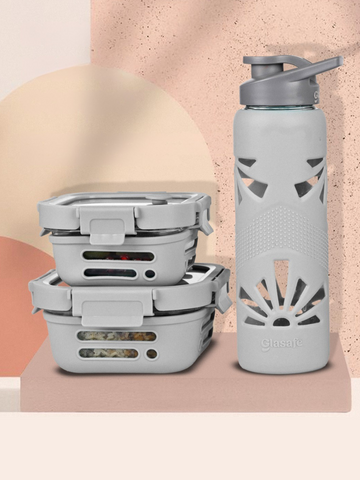 Desk Munch Combo of Glass Tiffin Boxes and Glass Water Bottle - (1×320ml + 1×520ml + 1x750ml)