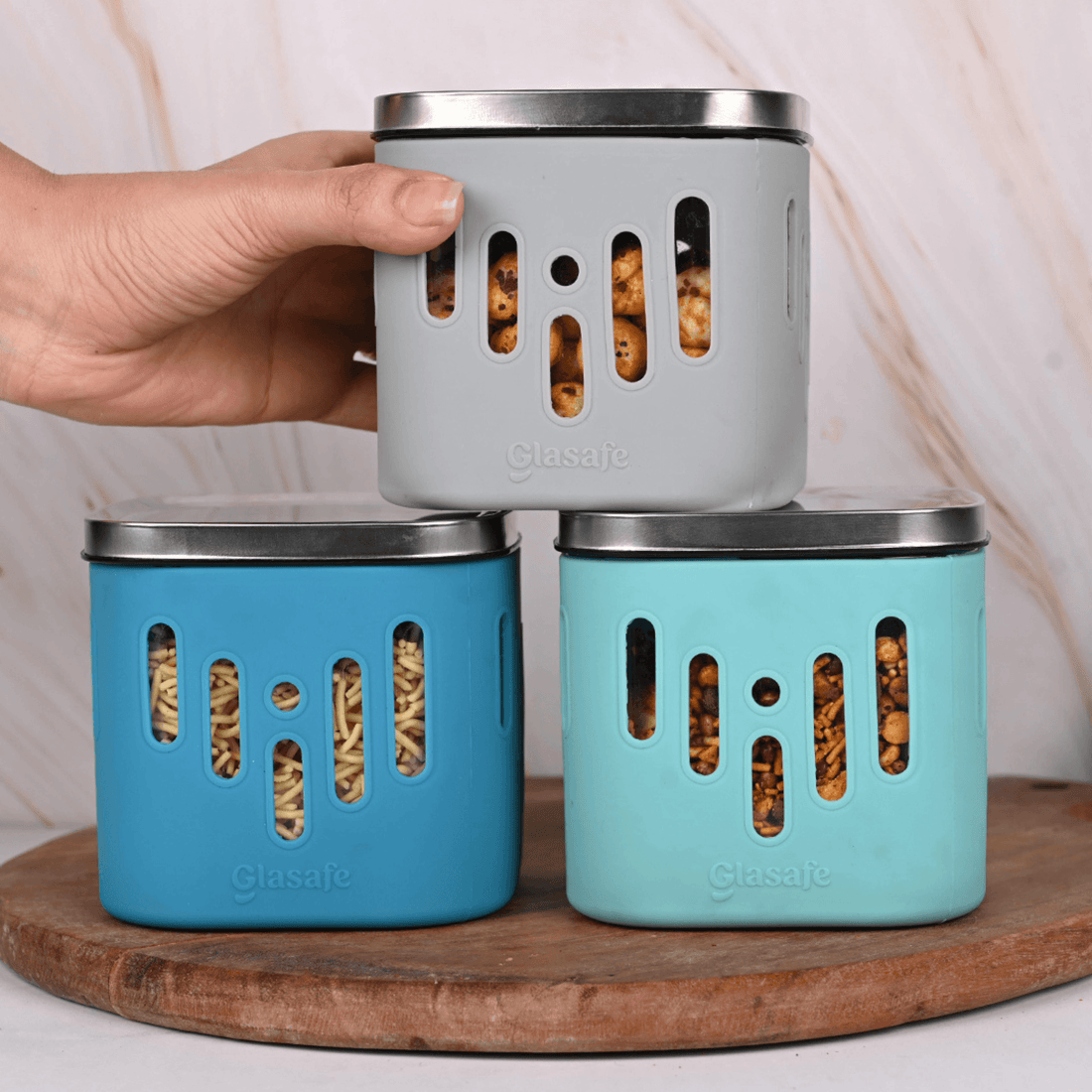 Set of 3 600ml Glass Jar / Container For Kitchen with Airtight Lid & Silicone Sleeve