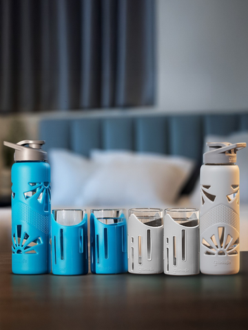His and Her Combo of 2 Pairs of Drinking Glasses and Glass Water Bottles - (4x350ml + 2x750ml)