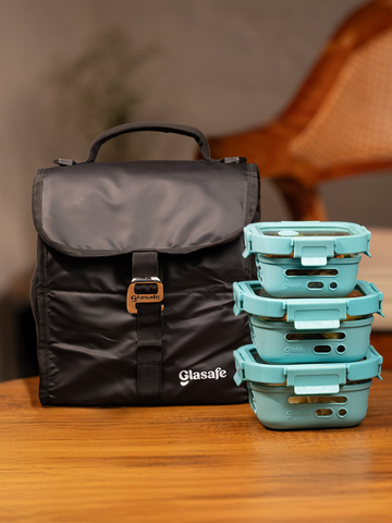 Snack-Lunch Combo of Glass Lunch Boxes and Lunch Bag - (1x320ml + 2x520ml + 7l bag)