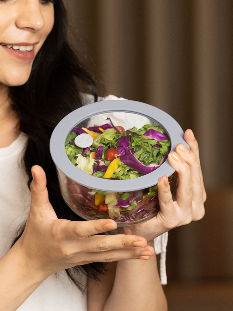 Set of 2 950ml Large Borosilicate Glass Bowls with Lids – Soothing Slate