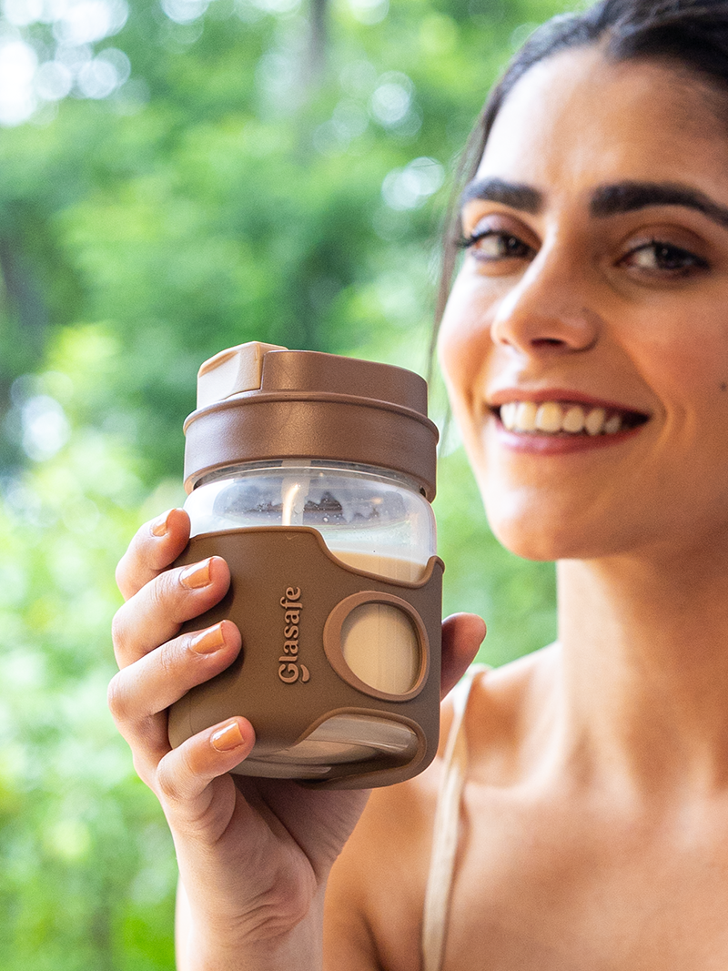 Borosilicate Glass Tumbler with Sipper & Chug Hole Cap – 360ml (Mocha Brown)