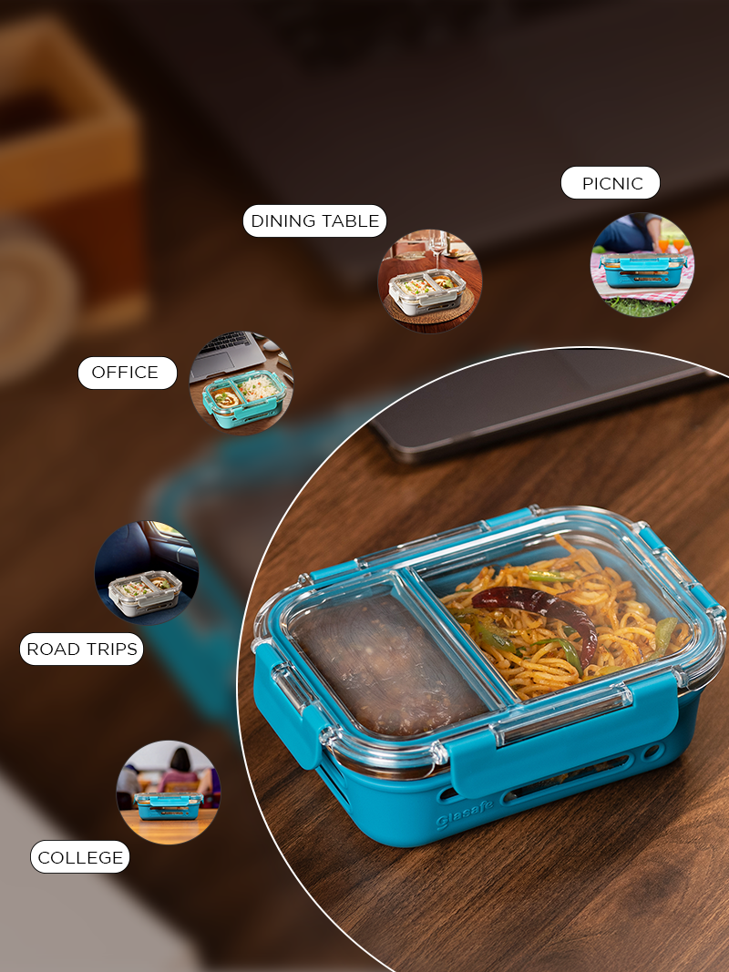 Glasafe 2 Compartment Glass Lunch Box For Office, blue