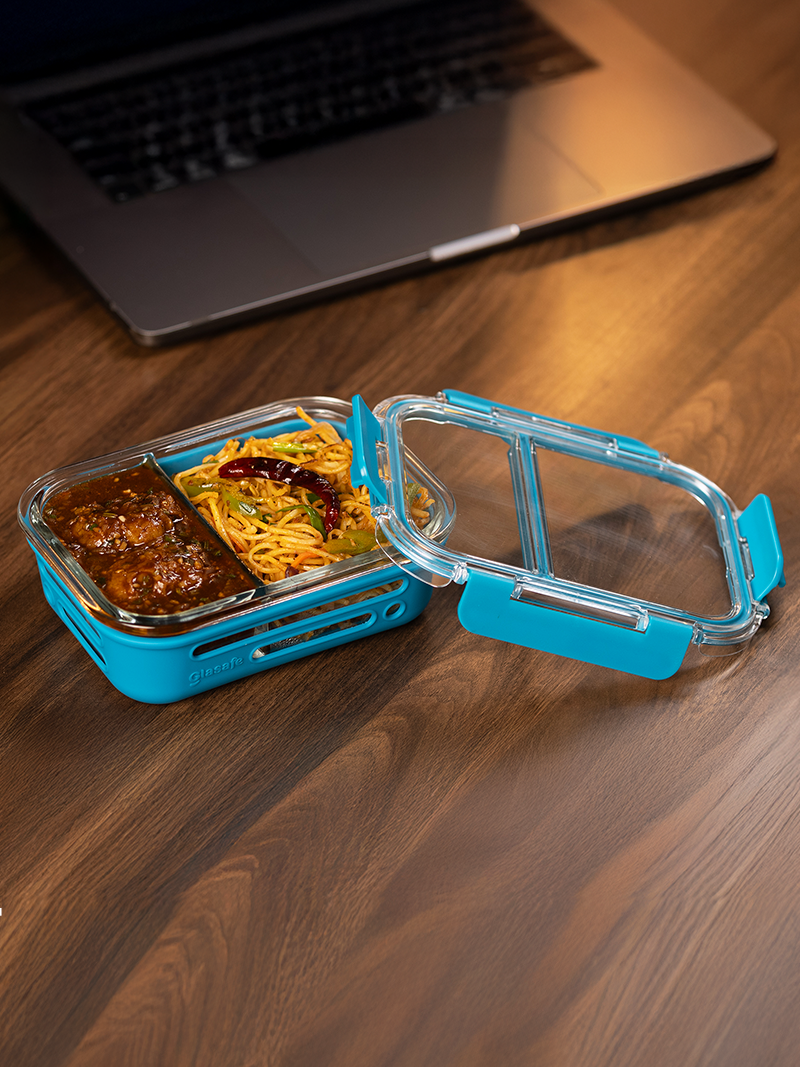 Glasafe 2 Compartment Glass Lunch Box For Office ,teal