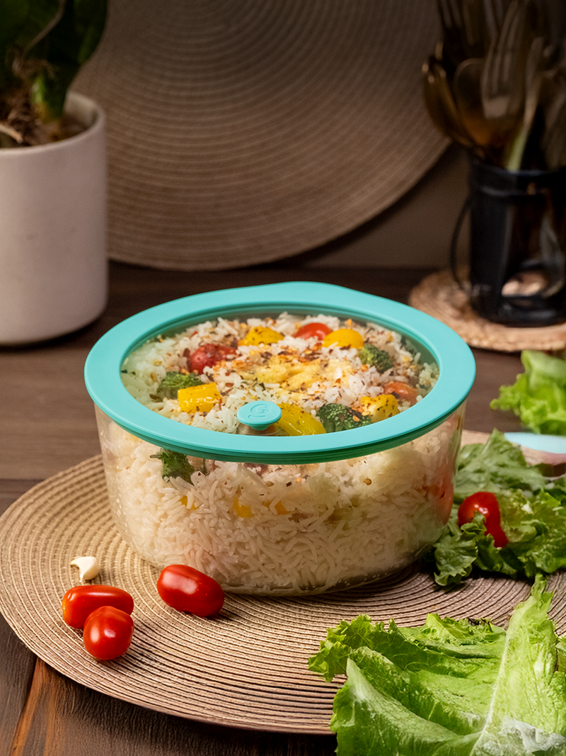 1600ml Borosilicate Glass Mixing Bowl with Airtight Leak-Proof Lid & Vent, Mellow Mist