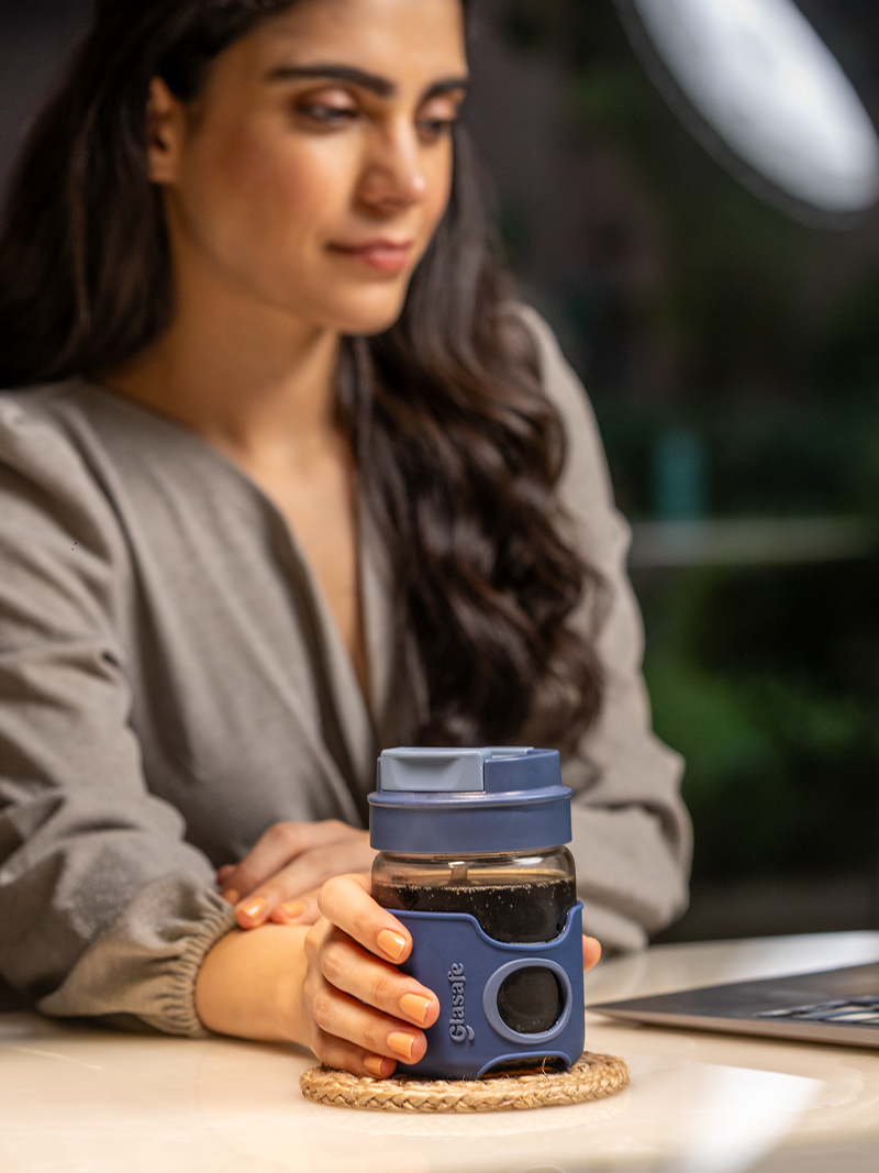 Glass Travel Tumbler with Silicone Sleeve & Dual-Flip Cap – 360ml (Midnight Blue)