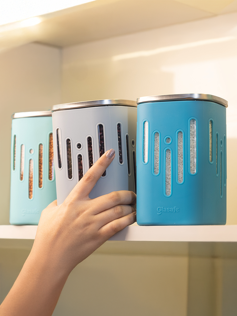 Set of 3 1200ml Large Glass Jar For Kitchen with Airtight Lid & Silicone Sleeve