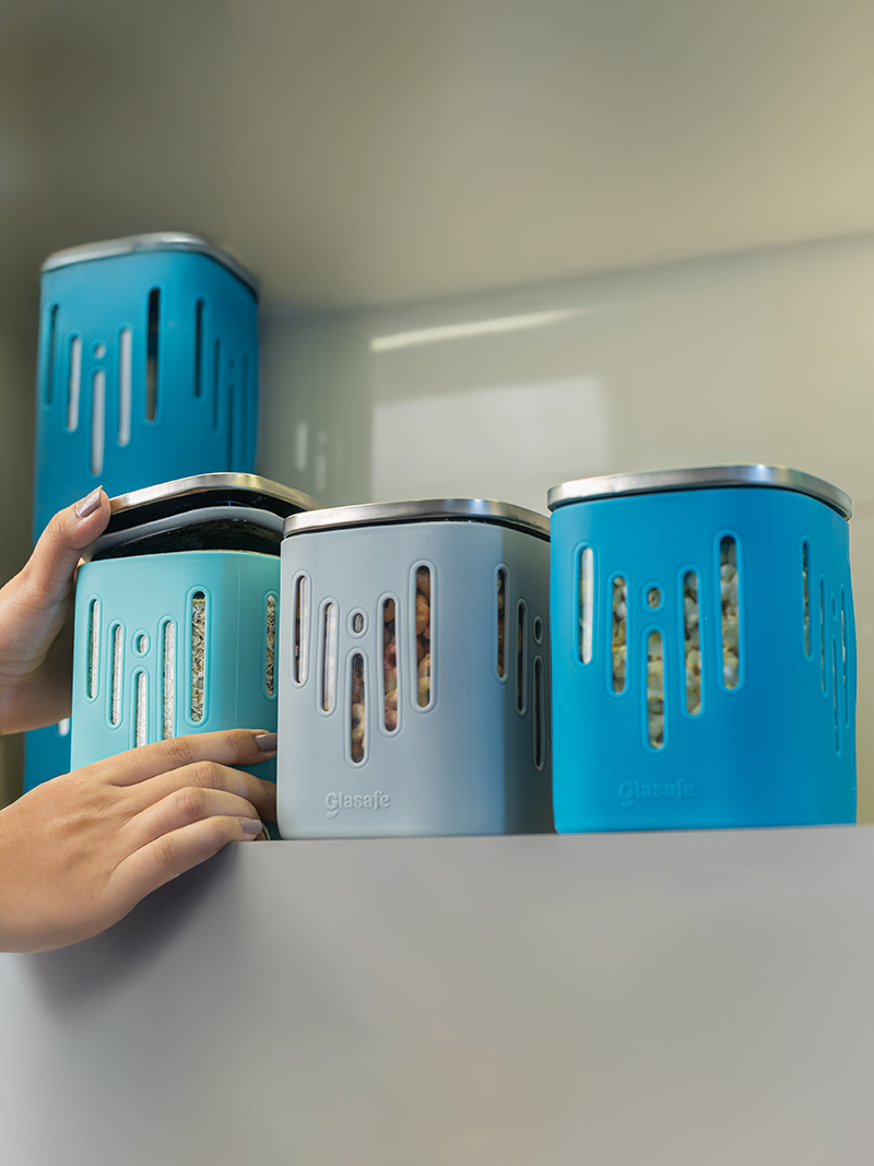 Set of 3 900ml Borosilicate Glass Jars For Kitchen with Airtight Lid & Silicone Sleeve