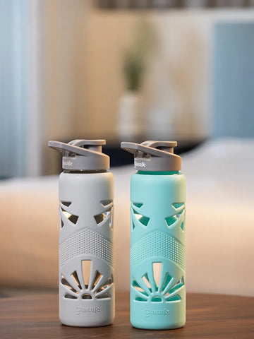 Set of 2 Borosilicate Glass Water Bottle with Protective Silicone Sleeve, 750ml (Green, Grey)