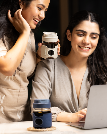 Set of 2 Glass Tumblers with Dual-Flip Lid & Silicone Cover - (360mlx2) (Grey, Blue)