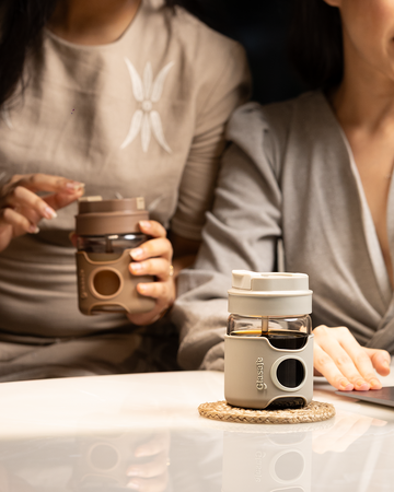 Set of 2 Borosilicate Glass Travel Mugs with Lid & Silicone Sleeve - (360mlx2) (Grey, Brown)