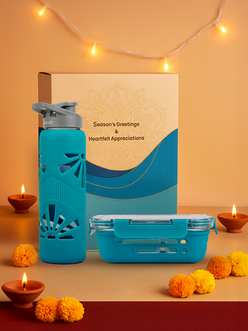 Hydrate & Nourish Set of Compartment Tiffin & Glass Water Bottle with Gift Box (1x580ml+1x750ml)