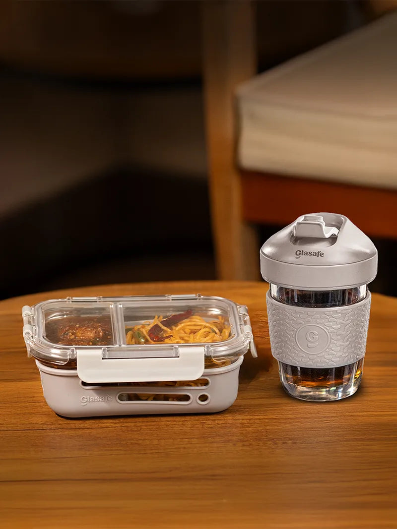 Glass compartment tiffin and coffee mug