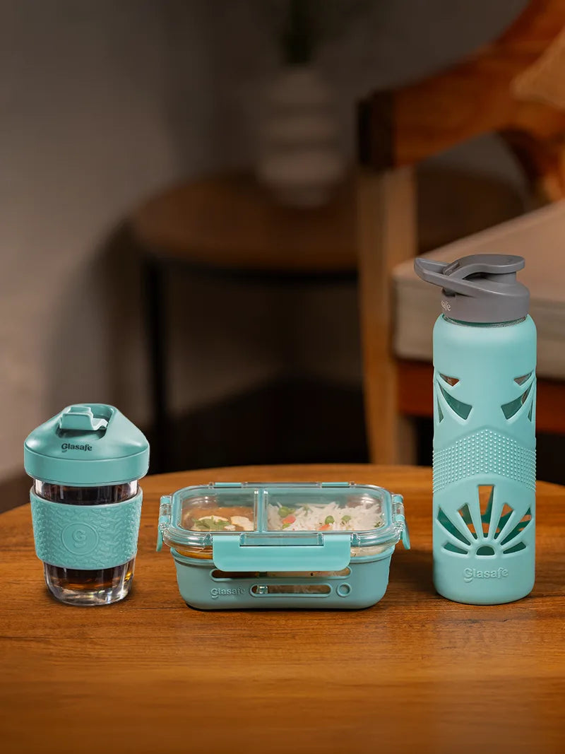 Set of borosilicate glass compartment tiffin, coffee mug and water bottle