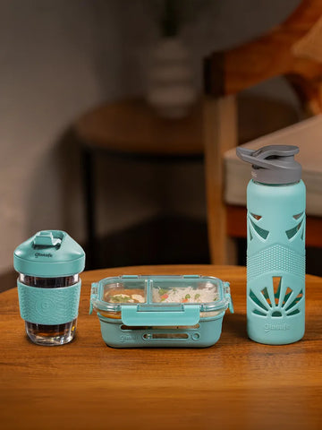 Set of borosilicate glass compartment tiffin, coffee mug and water bottle