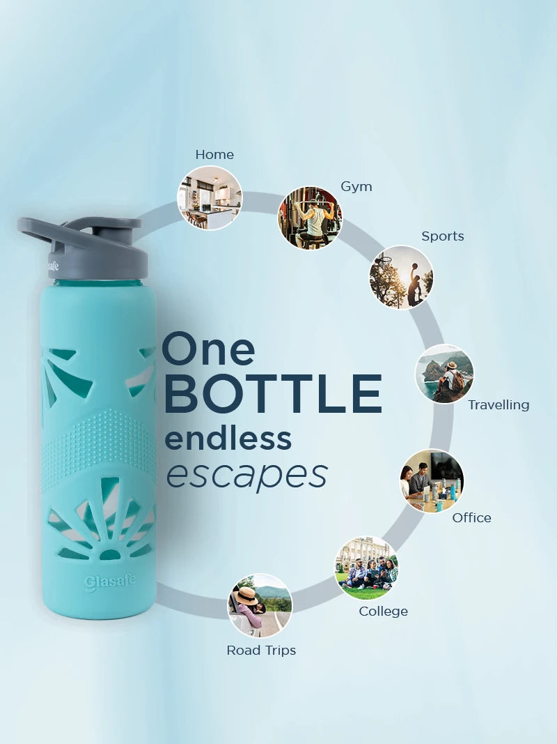 Personalized Borosilicate Glass Water Bottle with Protective Silicone Cover, 750ml (Mellow Mist)
