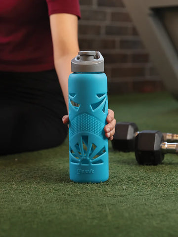 Personalized Borosilicate Glass Water Bottle with Protective Silicone Sleeve, 750ml (Tranquil Teal)