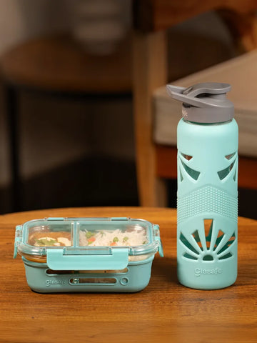 Hydr-O-Lunch Set with Compartment Tiffin and Borosilicate Glass Bottle (Tiffin: 580mlx1 + Bottle: 750mlx1)