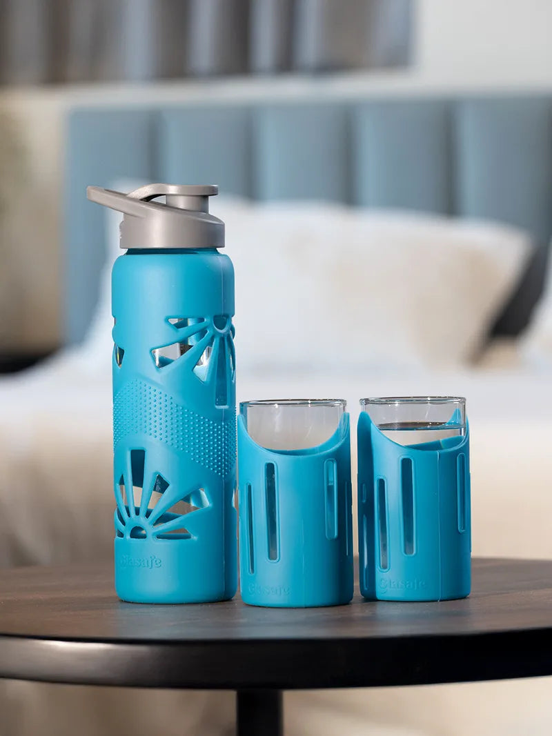A pair of drinking glasses and water bottle from Glasafe