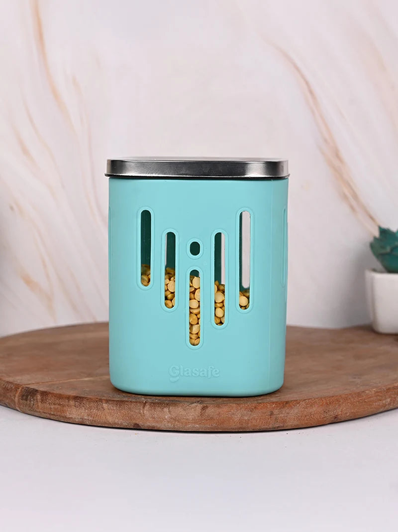 900ml Borosilicate Glass Kitchen Container with Airtight Lid & Silicone Sleeve - Mellow Mist