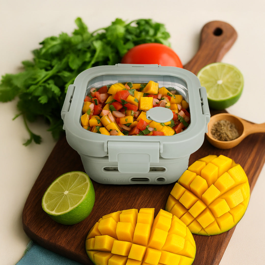 Mango salsa in Glasafe glass tiffin box