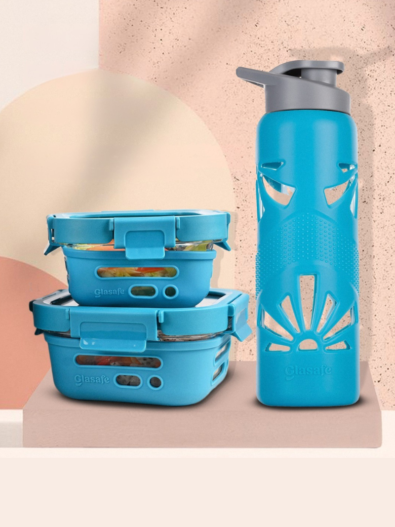 Desk Munch Combo of Glass Tiffin Boxes and Glass Water Bottle - (1×320ml + 1×520ml + 1x750ml)
