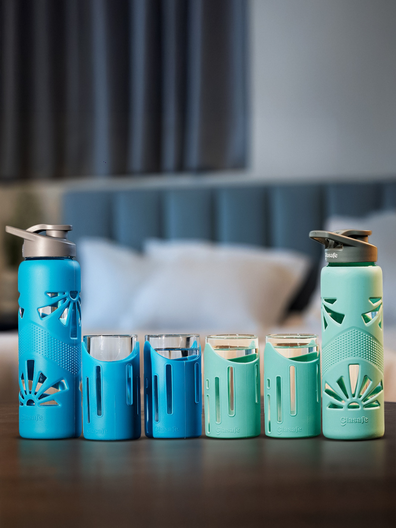 His and Her Combo of 2 Pairs of Drinking Glasses and Glass Water Bottles - (4x350ml + 2x750ml)