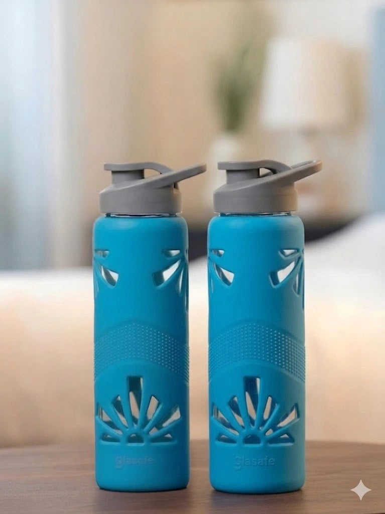 Set of 2 Borosilicate Glass Water Bottle with Protective Silicone Sleeve, 550ml (Blue)