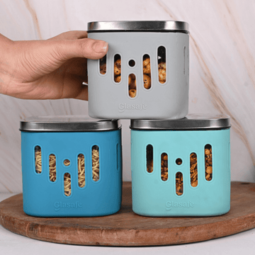 Set of 3 Glass Jar / Container For Kitchen with Airtight Lid & Silicone Sleeve, 600ml