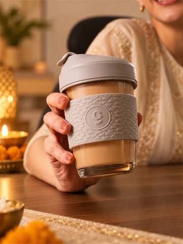 Glasafe Borosilicate Glass Coffee Mug With Silicone Grip & Lid - 320ml (Soothing Slate)