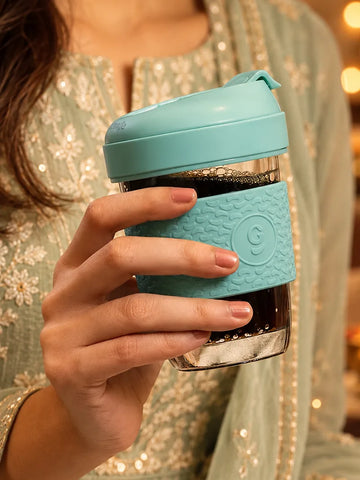 Glasafe Borosilicate Glass Coffee Tumbler With Silicone Grip & Lid - 320ml (Mellow Mist)
