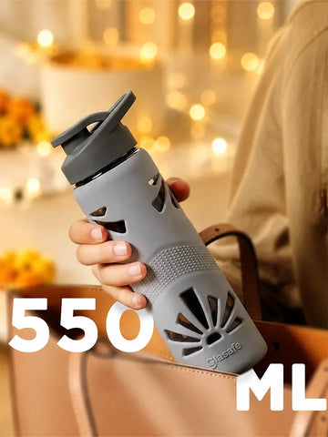 550ml Glasafe Clear Grip Borosilicate Glass Water Bottle with Silicone Cover (Soothing Slate)