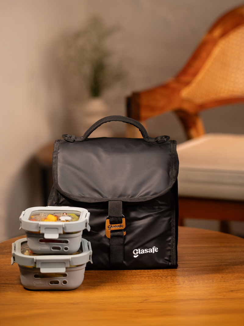 Eat Light Combo of Glass Tiffin Boxes and Lunch Bag - (1x320ml + 1x520ml + 7l bag)