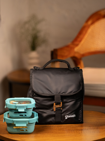 Eat Light Combo of Glass Tiffin Boxes and Lunch Bag - (1x320ml + 1x520ml + 7l bag)
