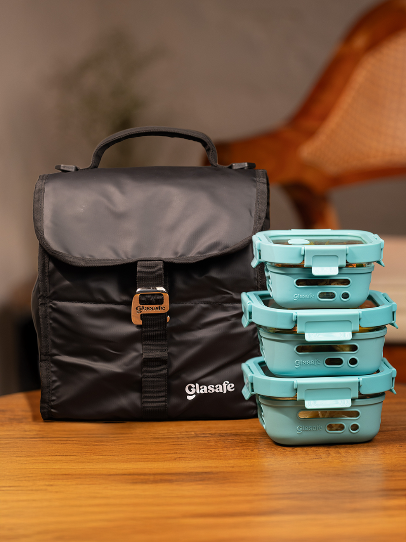 Snack-Lunch Combo of Glass Lunch Boxes and Lunch Bag - (1x320ml + 2x520ml + 7l bag)