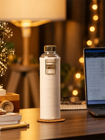 Glasafe Vego Sip Borosilicate Glass Bottle with Vegan Leather Sleeve, 750ml (Bare Beige)