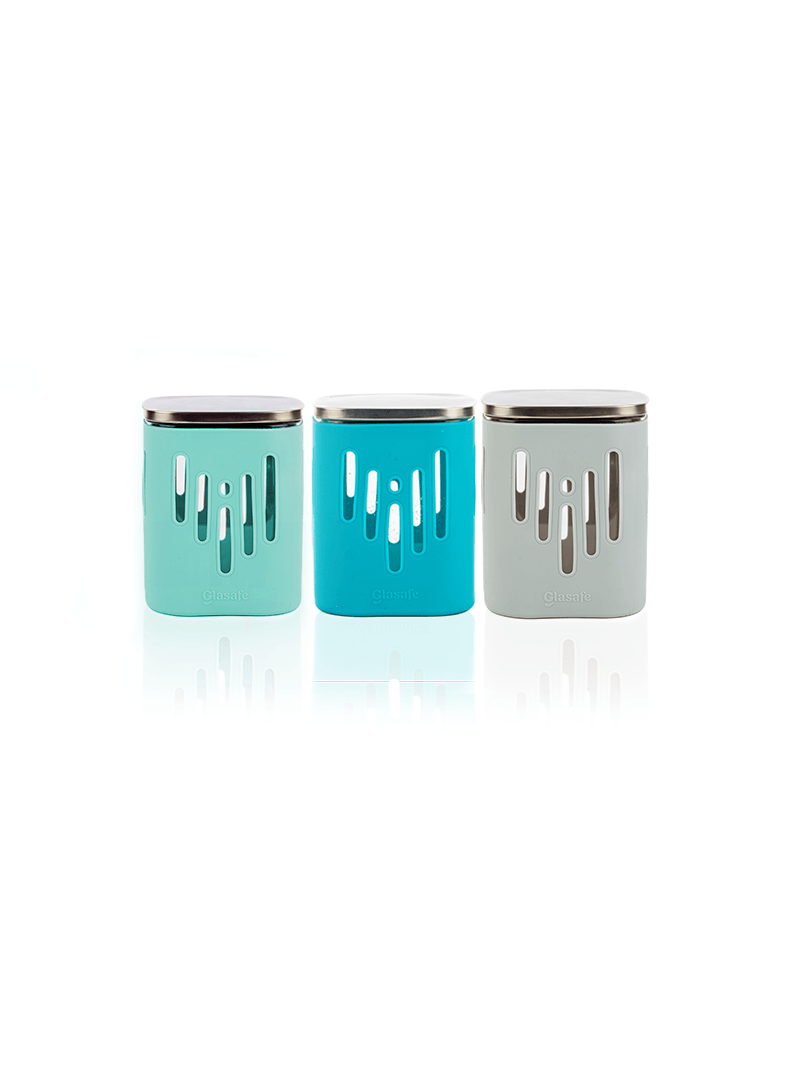 Set of 3 Borosilicate Glass Jars For Kitchen with Airtight Lid & Silicone Sleeve - 900ml