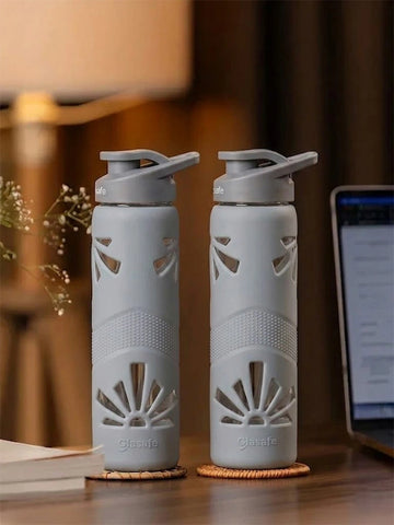 Set of 2 Borosilicate Glass Water Bottle with Protective Silicone Sleeve, 550ml (Grey)