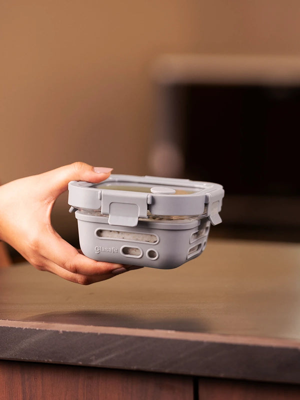 320ml Glass Tiffin Box for Office with Airtight Glass Lid & Silicone Sleeve, Soothing Slate