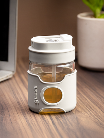 Borosilicate Glass Tumbler with Sipper & Chug Hole - 360ml (Taupe Grey)