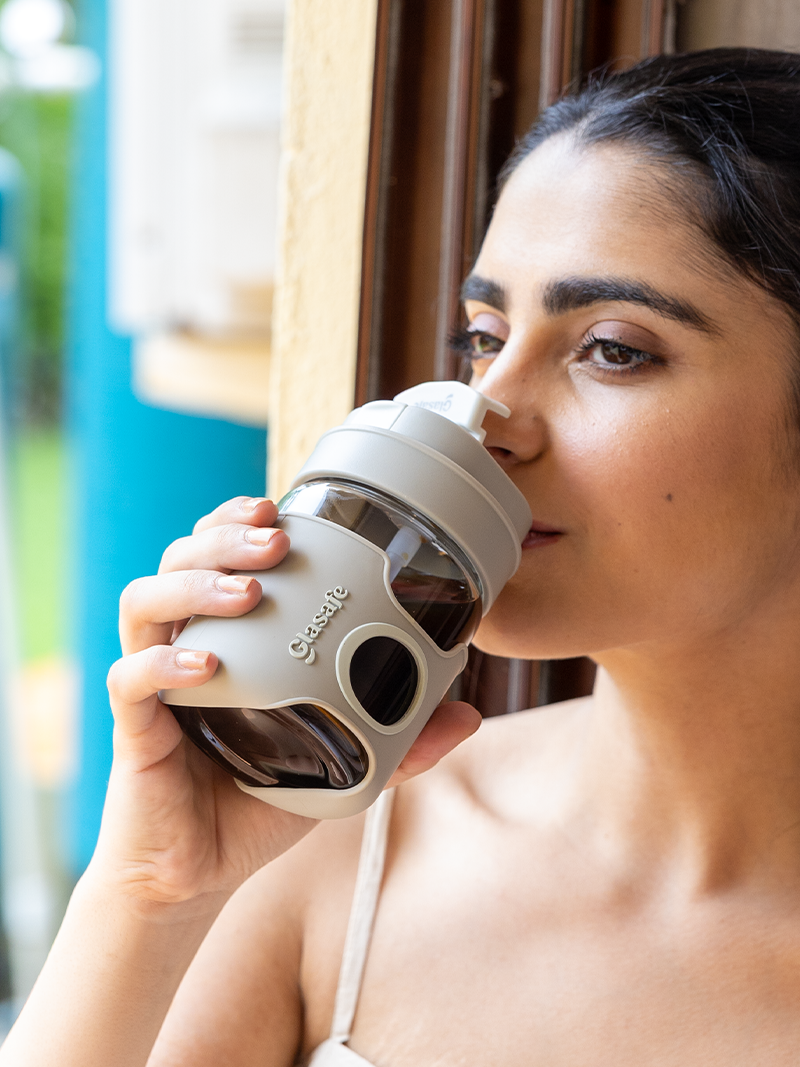 Borosilicate Glass Tumbler with Sipper & Chug Hole - 360ml (Taupe Grey)