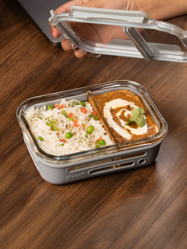 580ml 2 Compartments Borosilicate Glass Lunch Box For Office with Air Tight Lid & Silicone Sleeve, Soothing Slate