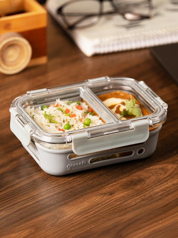 580ml 2 Compartments Borosilicate Glass Lunch Box For Office with Air Tight Lid & Silicone Sleeve, Soothing Slate