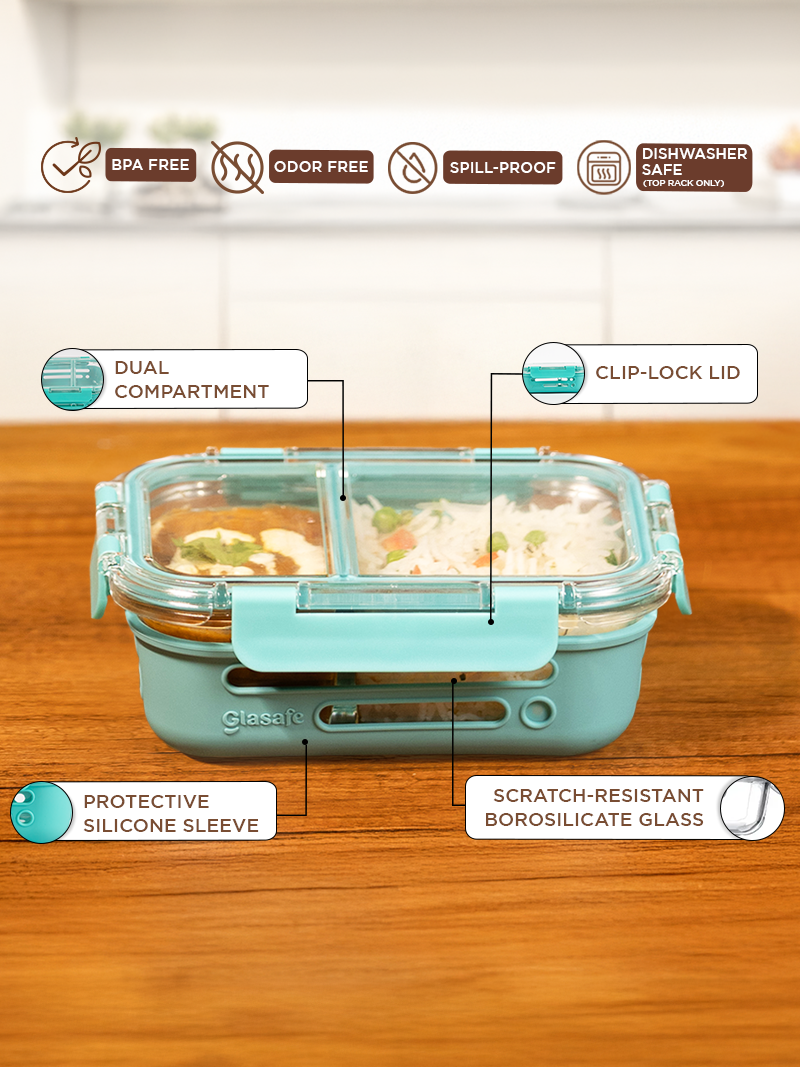 Glasafe 2 Compartment tiffin Box For Office ,mellow mist