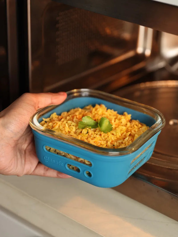 520ml Glass Tiffin Box for Office with Airtight Glass Lid & Silicone Sleeve, Tranquil Teal