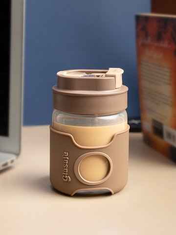 Borosilicate Glass Tumbler with Sipper & Chug Hole Cap – 360ml (Mocha Brown)