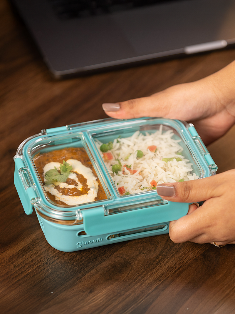 Glasafe 2 Compartment Glass Lunch Box For Office ,mellow mist