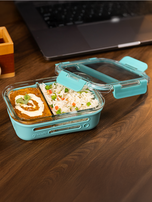 580ml Dual Compartments Borosilicate Glass Lunch Box For Office with Air Tight Lid & Silicone Sleeve, Mellow Mist