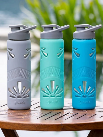 Set of 3 Borosilicate Glass Water Bottle with Protective Silicone Sleeve, 550ml
