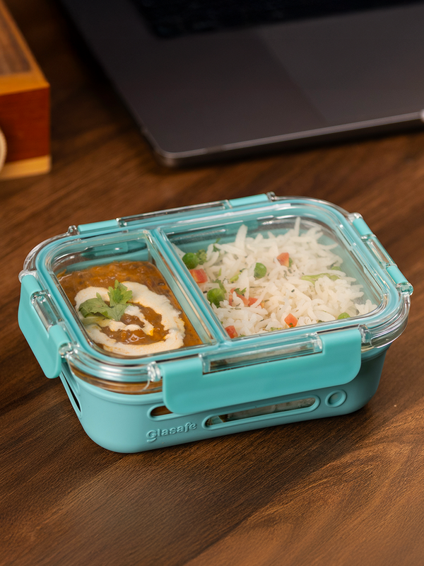580ml Dual Compartments Borosilicate Glass Lunch Box For Office with Air Tight Lid & Silicone Sleeve, Mellow Mist